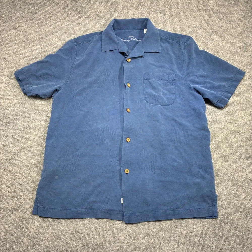 Tommy‎ Bahama Hail Mary Shirt Mens M Blue Silk Blend Embroidered Football Image